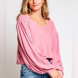 Free People Women's Kathy Smocked Long Sleeve Cotton Top in Pink Size XL NWT